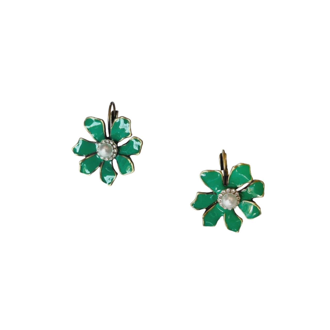 Enamel Pearl Flower Earring - Green