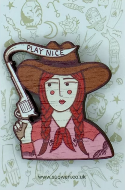 Cowgirl Wooden Pin Brooch