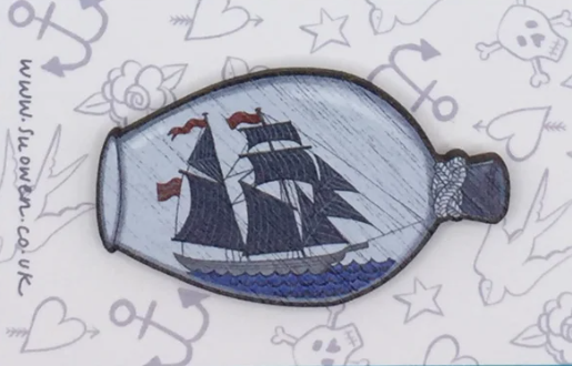 Ship In A Bottle  Wooden Pin Brooch