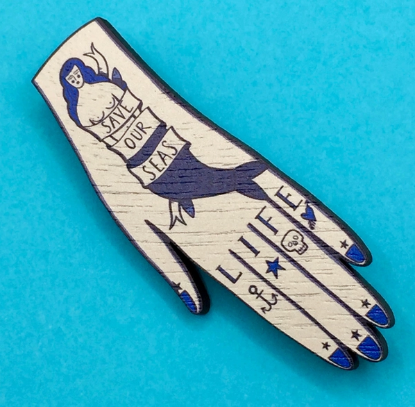 Tattooed Hand Wooden Pin Brooch