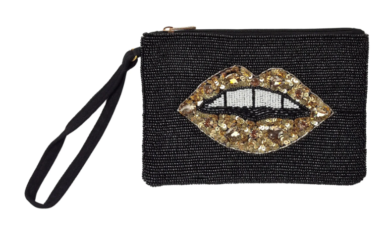 Large Gold Lips Beaded Clutch Bag