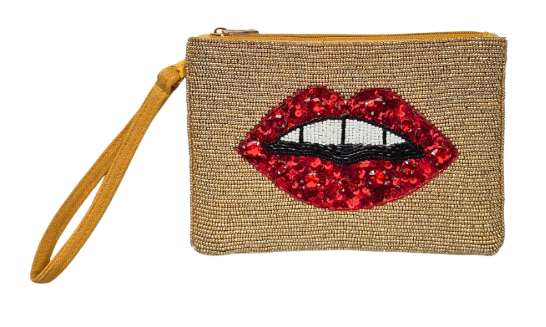 Large Red Lips Beaded Clutch Bag