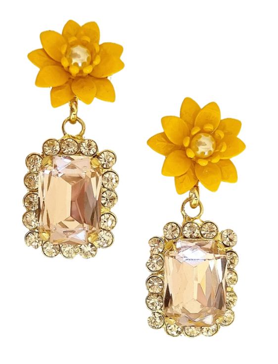 Gracie Flower Gem Stud Earrings - Yellow Pink