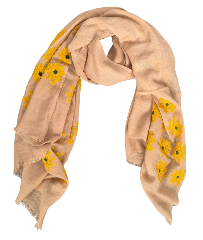 Pure Wool Scarf MW23127 - Tan Yellow Flowers