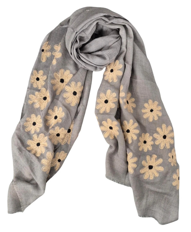 Pure Wool Scarf MW23135 - Grey Tan Flowers