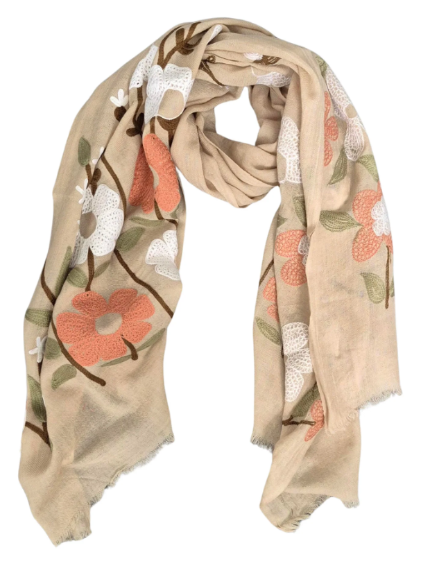 Pure Wool Scarf MW24273 - Beige Floral