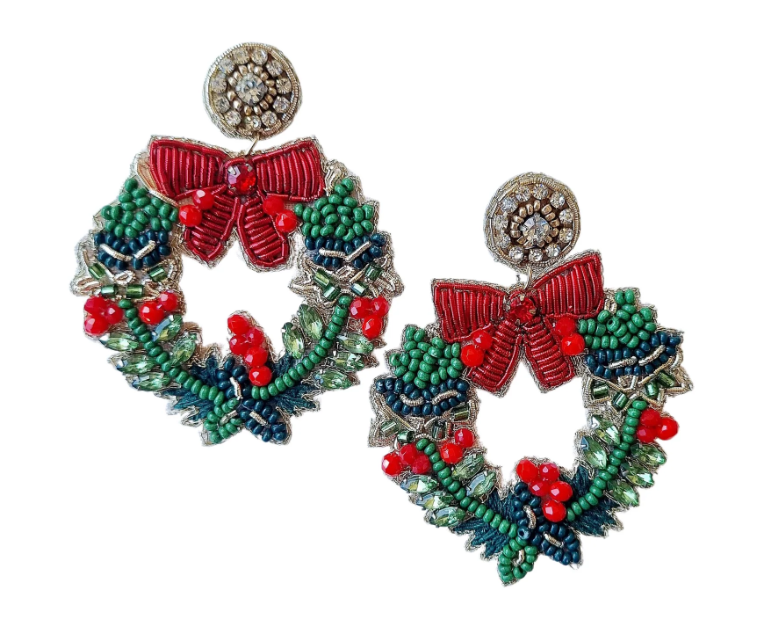 Wreath Christmas Beaded Earring