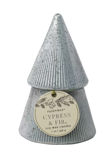 Cypress & Fir Stacked Tree Candle - White