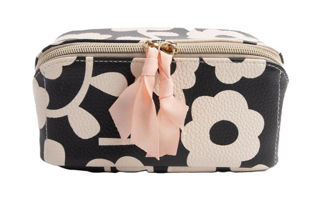 Diagonal Zip Cosmetic Bag - Charcoal Mono Flower