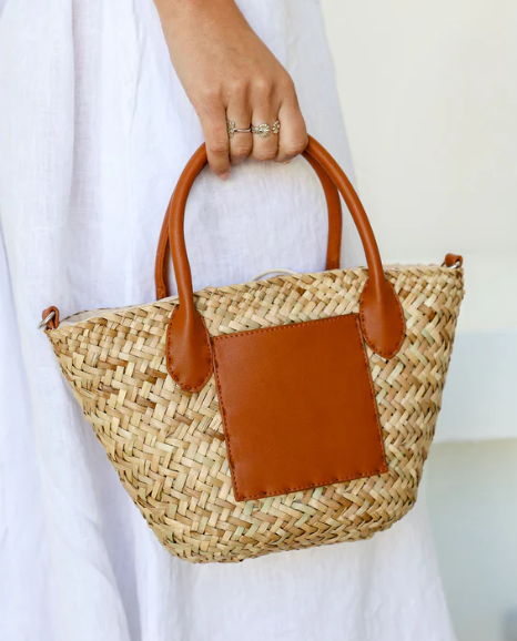 Straw Bag with Contrast Tan Pocket + Long Strap