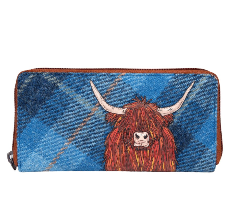 Zip Around Purse Large - Blue Tweed Highland Cow