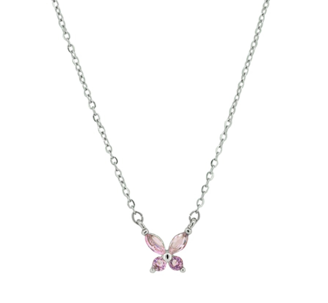 Silver Pink Butterfly Necklace