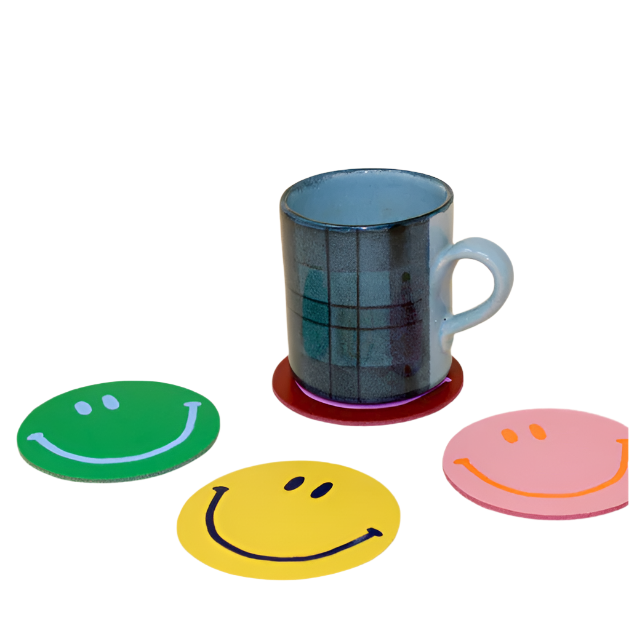 Happy Face Smilie Leather Coasters - Set of 4