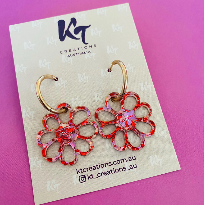 Sparkly Red & Pink Flower Huggie Hoop Earrings