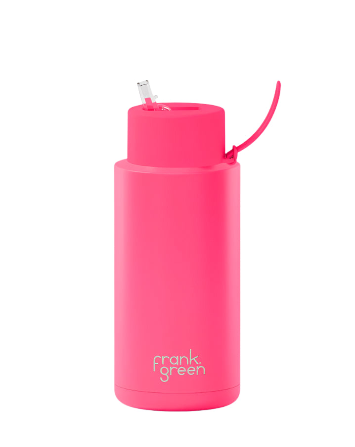 Ceramic Reusable Bottle With Straw Lid 1L - Neon Pink