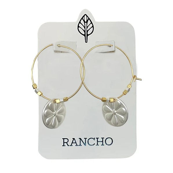 Gold Large Hoop + Silver Daisy Disc + Tiny Square Bead Earrings