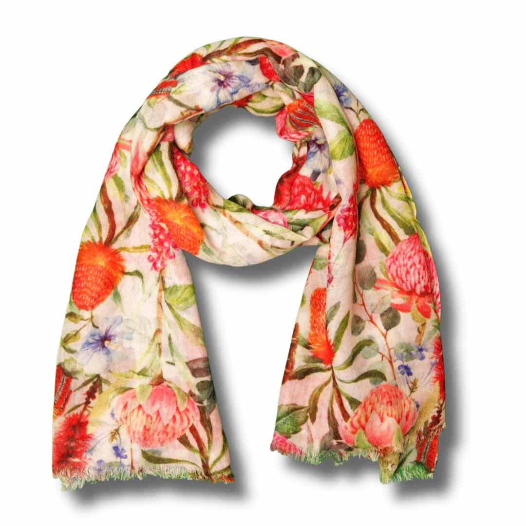 100% Linen Scarf - Off White Floral