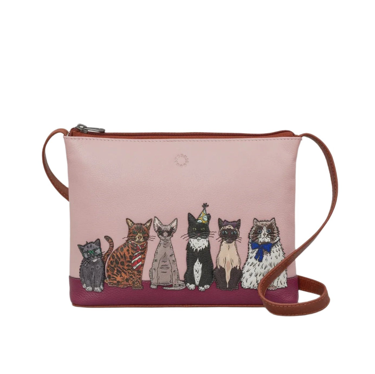 Leather Cross Body Bag - Party Cats Brown