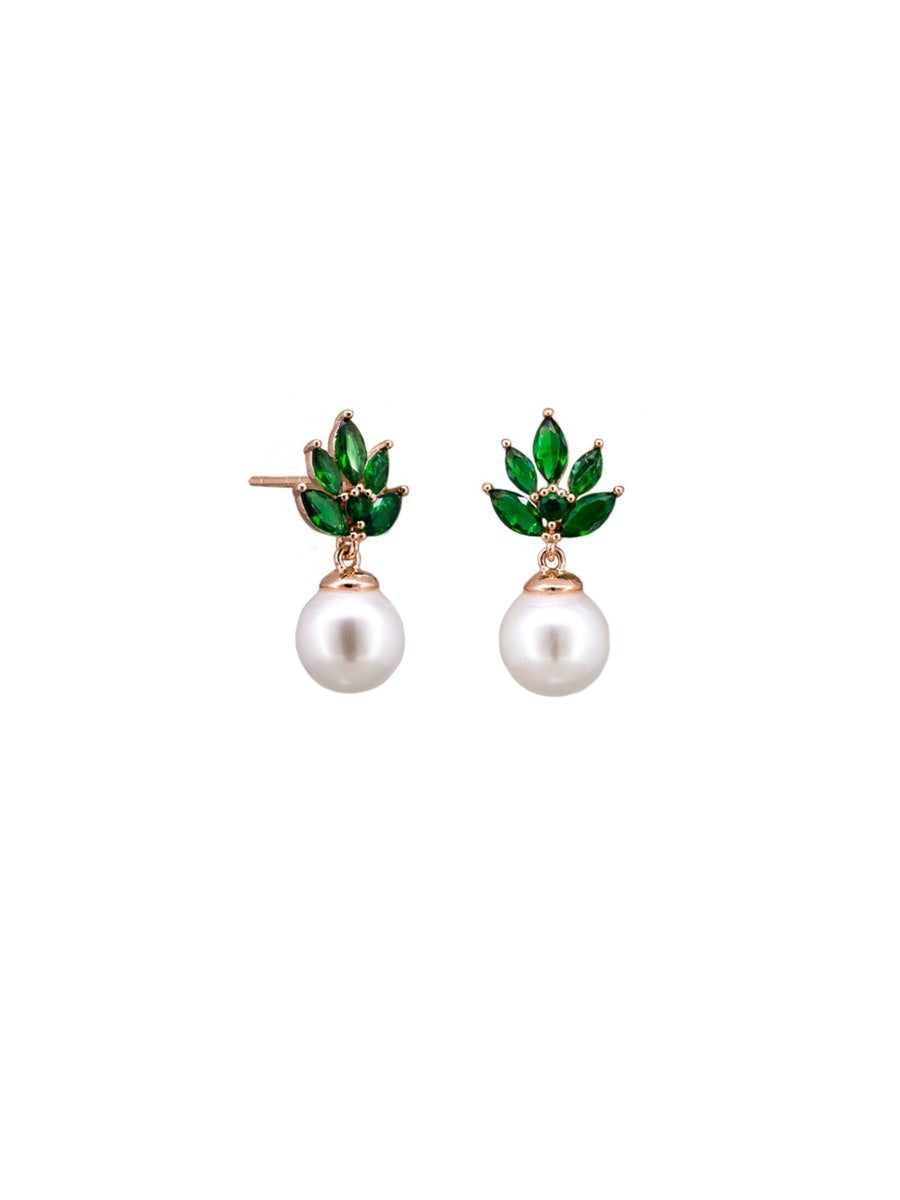 Rose Gold Phoebe Green Crystal & Pearl Stud Earrings