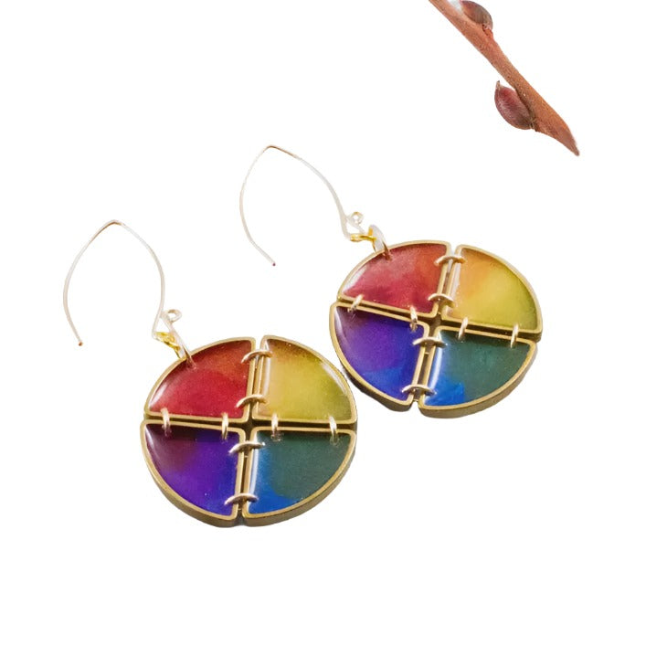 Brass  Frame Circle Drop Earrings - Colour Wheel Spectrum