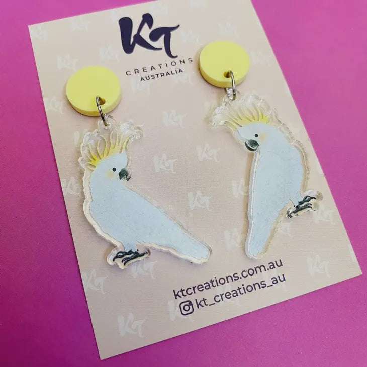 Sally Sulphur-Crested Cockatoo Acrylic Dangle Earrings