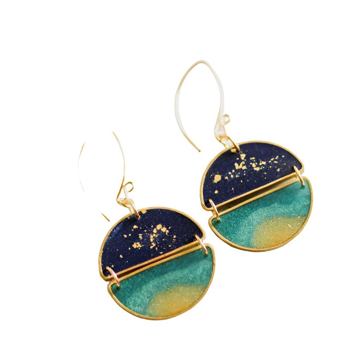 Brass Frame Circle Drop Earrings - Night Swimming