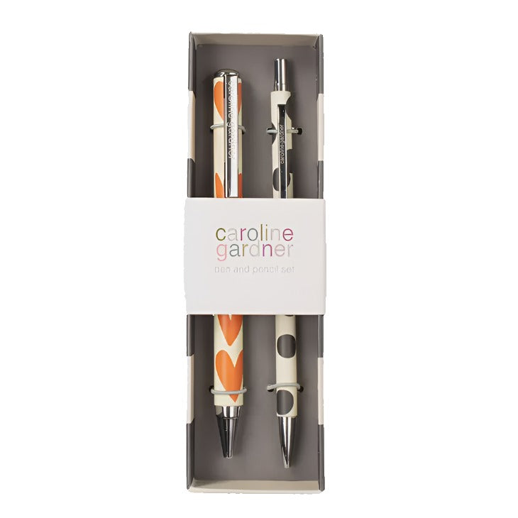 Set of 2 Boxed Pen & Pencil - Orange Hearts & Mono Spot