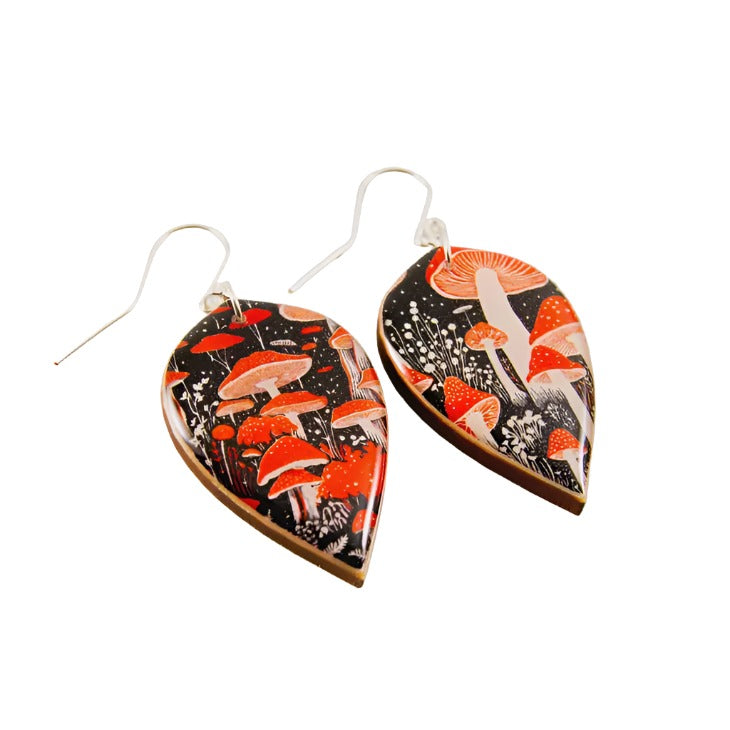 Large Leaf Earrings - Retro Mushroom Patch