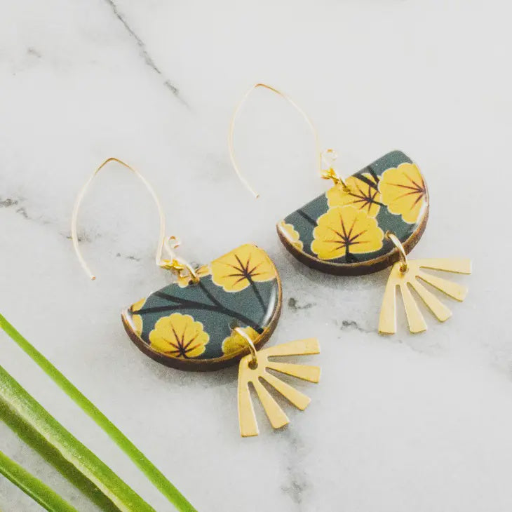 Brass Fan Drop Earrings - Yellow & Grey Floral