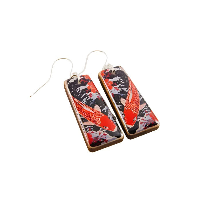 Tapered Rectangle Drop Earrings - Japanese Black & Red Koi Fish