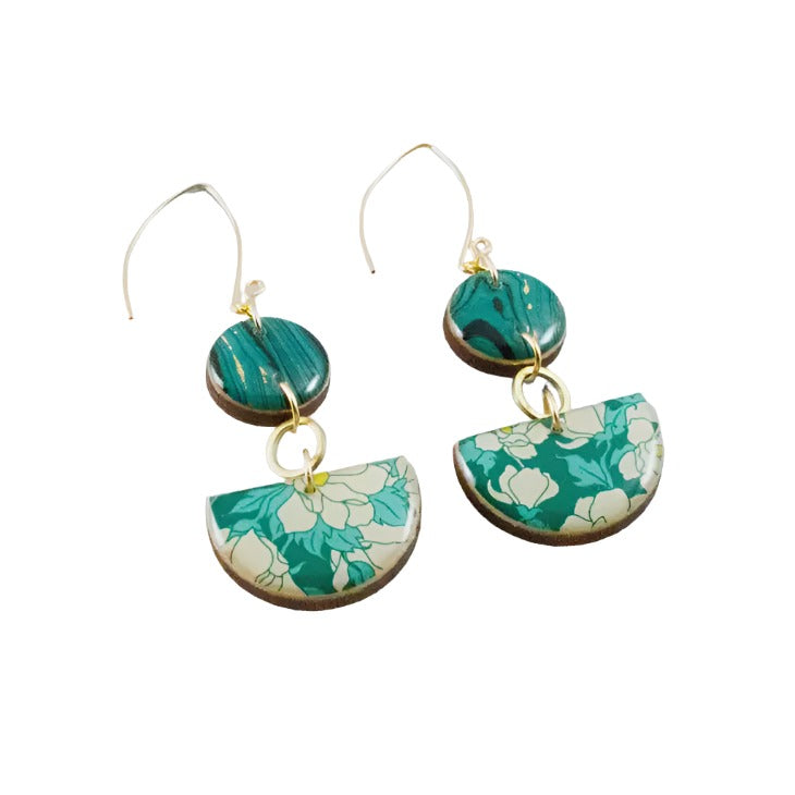 Teal Dogwood Floral Half Circle Stacked Earrings