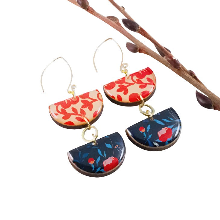 Stacked Half Circle Earrings - Blue & Red Graphic