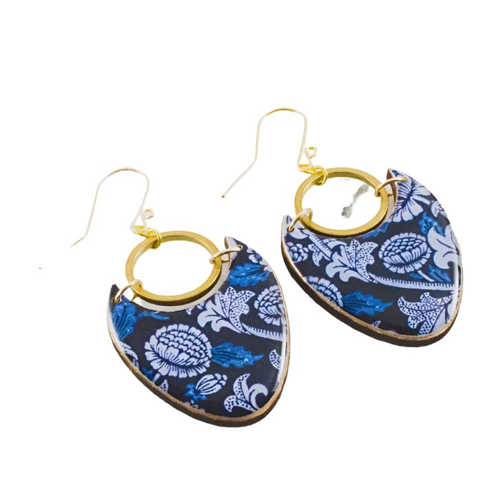 Brass Ring Statement Earrings - Blue Floral