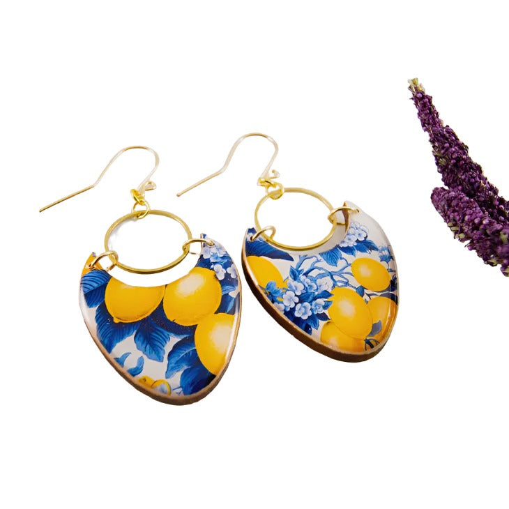 Brass Ring Statement Earrings - French Toile Lemon