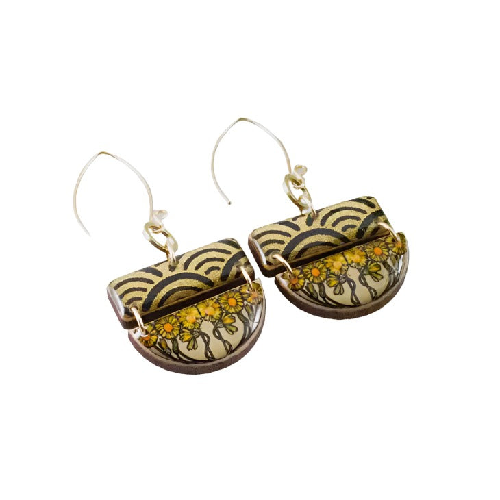 Stacked Half Circle Earrings - Art Nouveau Sunflower