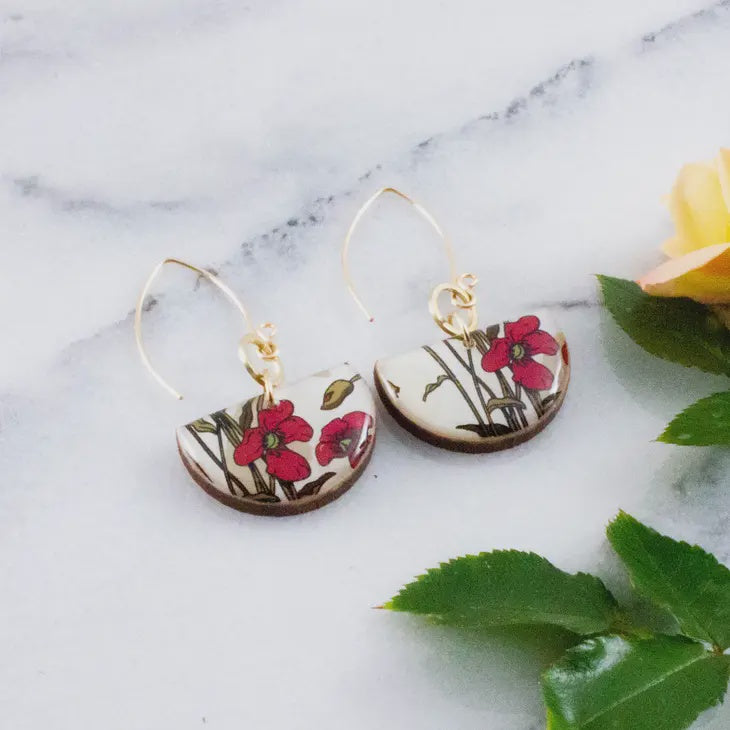 Half Circle Earrings - Art Nouveau Poppies