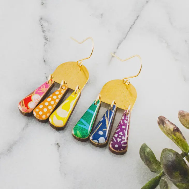 Brass Drop Earrings - Rainbow Collage