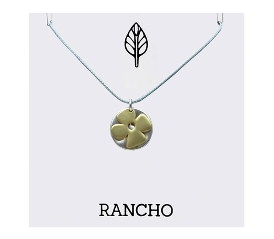 Gold Retro Flower + Silver Disc on Grey Cord Necklace