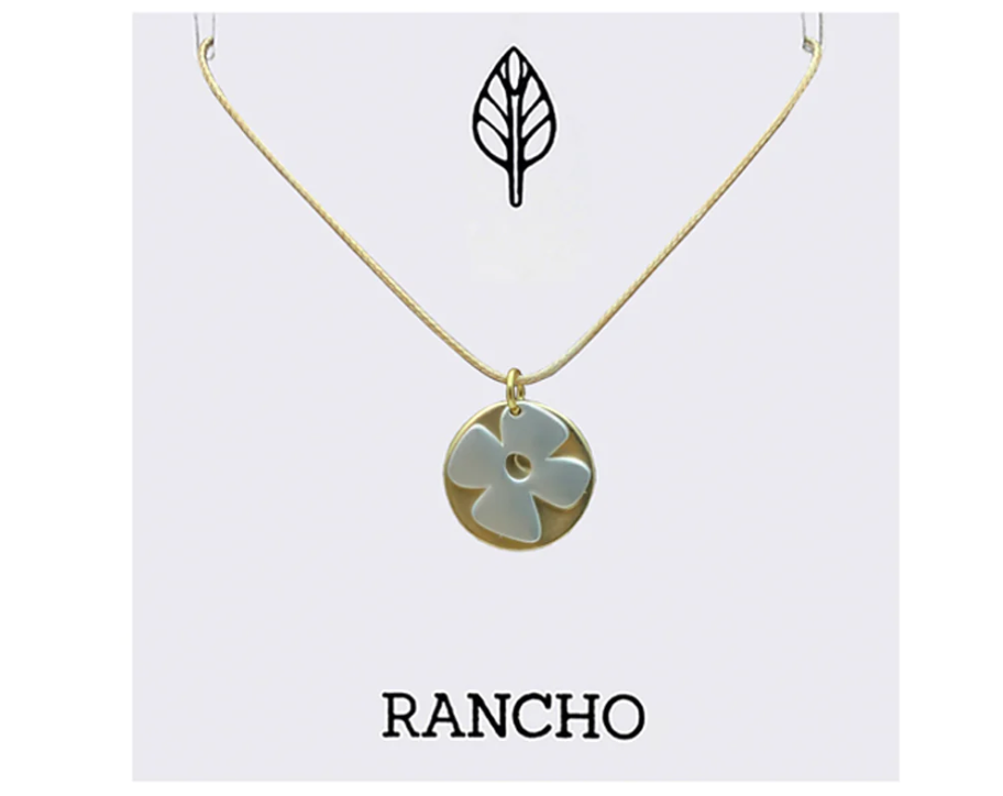 Silver Retro Flower + Gold Disc on Tan Cord Necklace