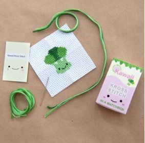 Kawaii Mini Cross Stitch In A Matchbox - Broccoli