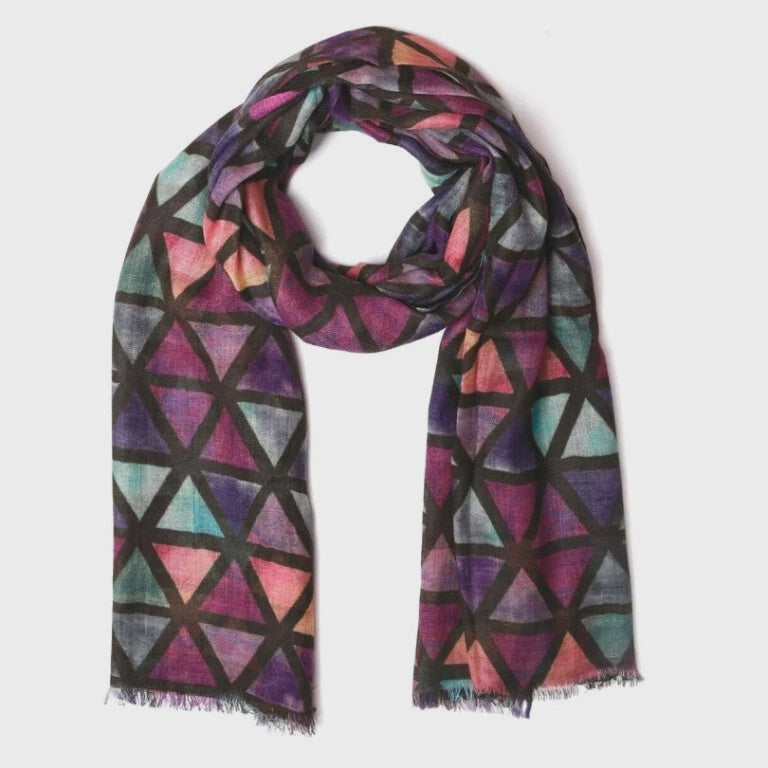 Merino Silk Designer Scarf - Purple & Green Triangles