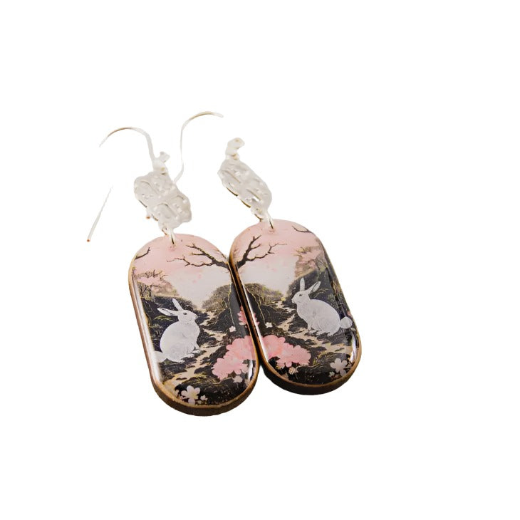 Oblong Drop Earrings - Pastel Pink Rabbit