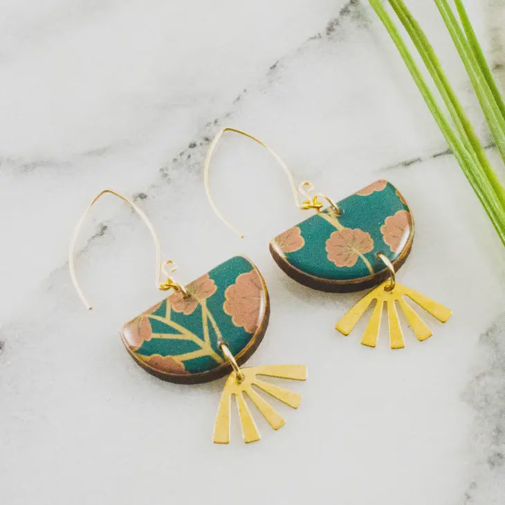 Brass Fan Drop Earrings - Teal & Pink Floral