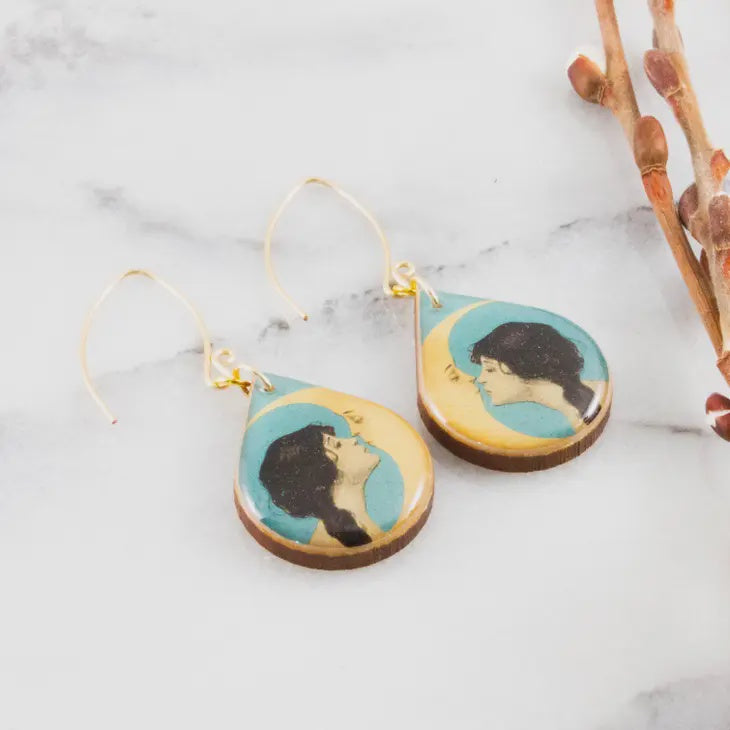 Raindrop Earrings - Art Nouveau Girl & Moon