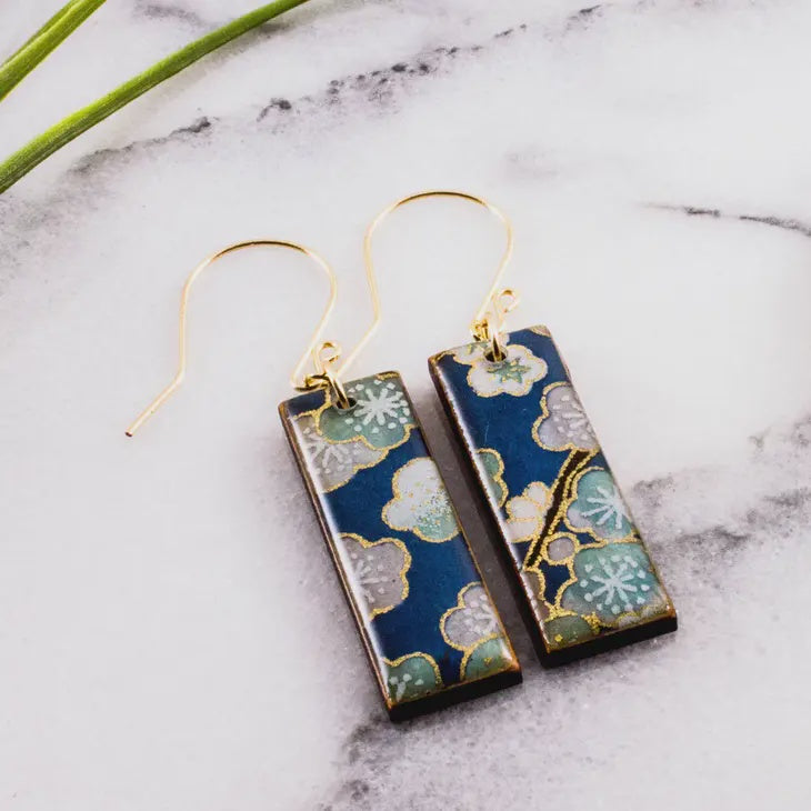 Rectangle Drop Earrings - Dusky Blue Cherry Blossom