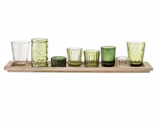 Assorted Set of 8 Green Glass Votives w/Tray